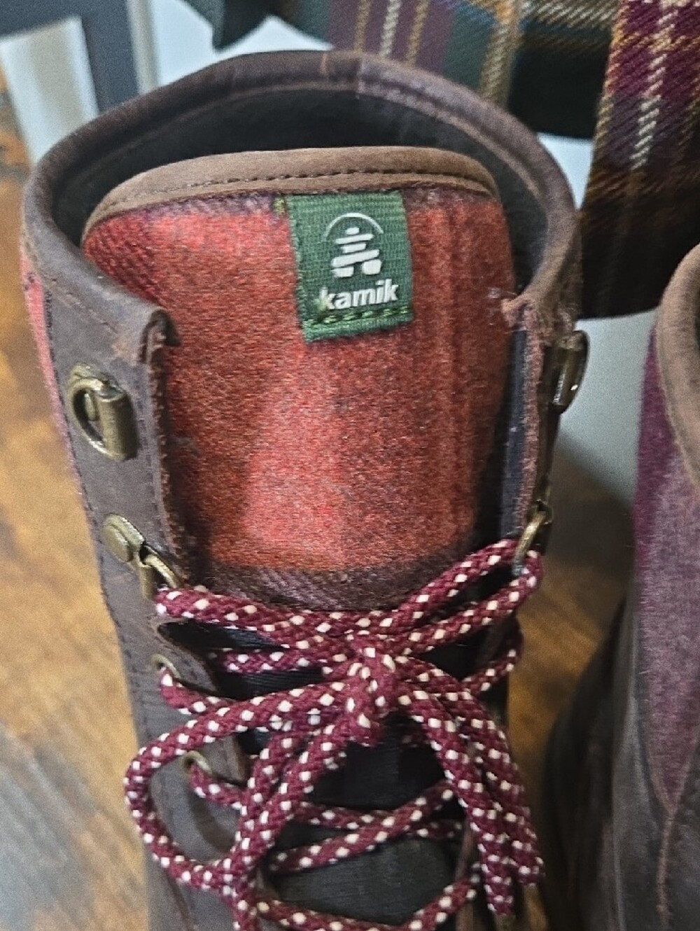 Kamik Brown Leather Lace-Up Boots with Red Plaid Cuffs Waterproof - Picture 2 of 8